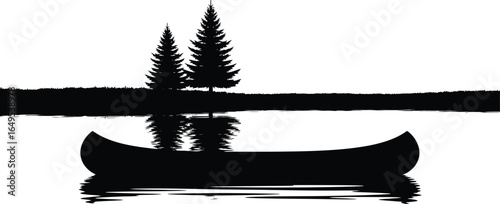 Black canoe silhouette on water with trees, peaceful nature scene