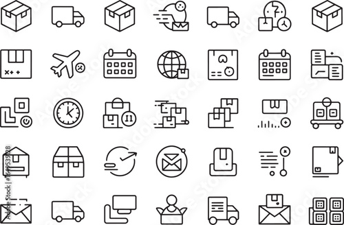 Collection of shipping and delivery icons representing logistics and transportation solutions for businesses worldwide ensuring efficient package handling