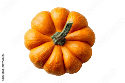 Bright orange pumpkin with a green stem on white
