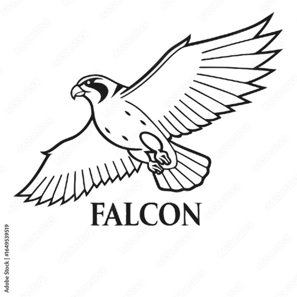 Obraz premium Stylized outline of a falcon in flight with outstretched wings and the word falcon below isolated on transparent background