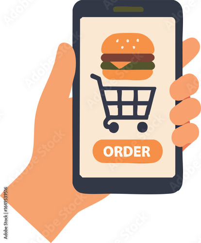 A flat vector illustration of a hand holding a smartphone displaying a burger inside a shopping cart icon with an "ORDER" button below.
