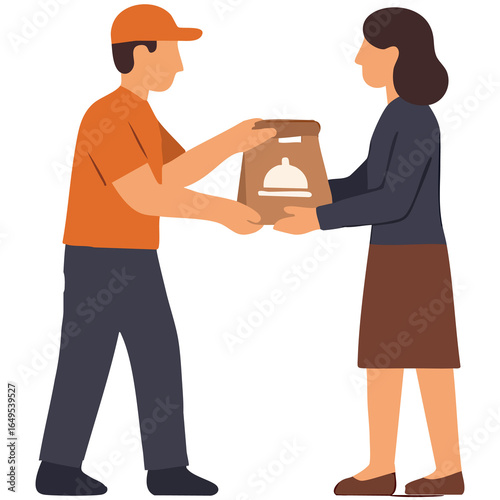 A flat vector illustration of a food delivery courier handing a takeout bag to a female customer.