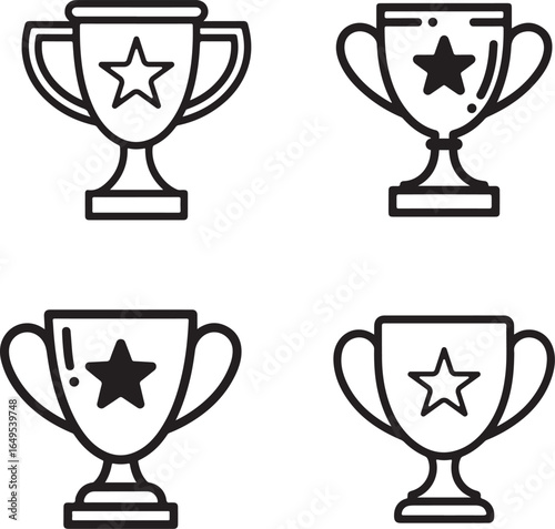 Four simple line art trophy icons with stars representing victory and achievement