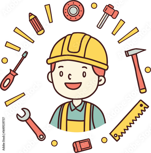 Cartoon construction worker with hard hat surrounded by tools in a circular arrangement design style