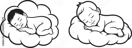 Two babies sleeping peacefully nestled in soft fluffy clouds in a black and white illustration