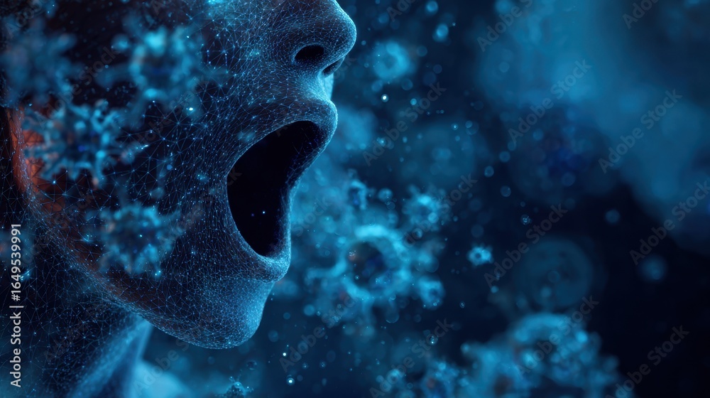 Obraz premium Medical visualization depicting dynamic virus particle dispersion during yawning, illustrating potential airborne disease transmission through respiratory mechanisms
