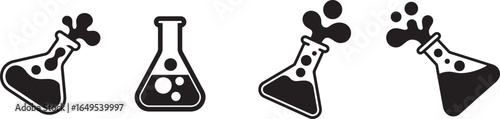 Four stylized science flasks with liquid splashing out in a black and white graphic