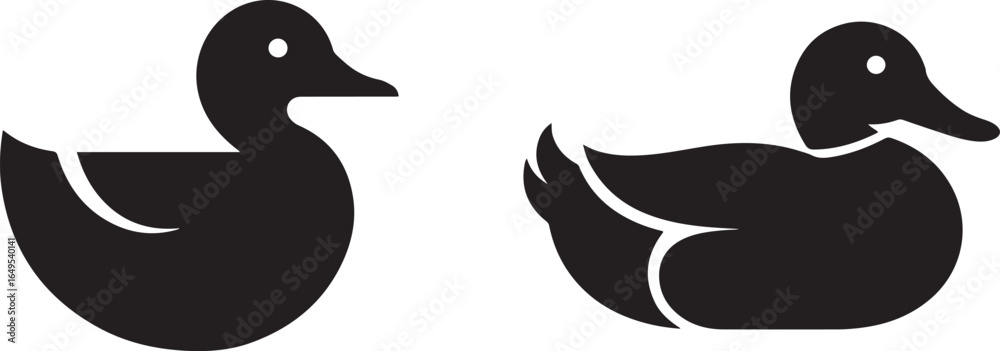 Fototapeta premium Two black silhouette duck icons one standing and one hatching from an egg
