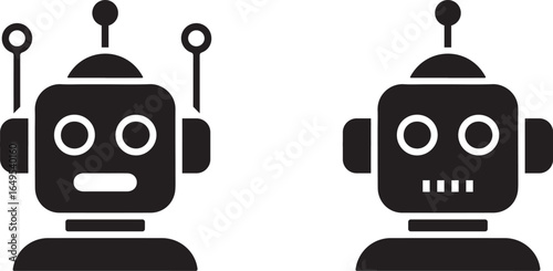 Two simple black robot heads with antennas and expressive eyes on a white background