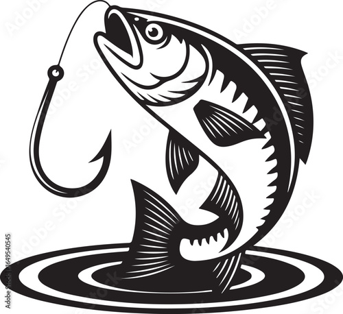 A black and white illustration of a bass fish leaping out of water and caught on a fishing hook