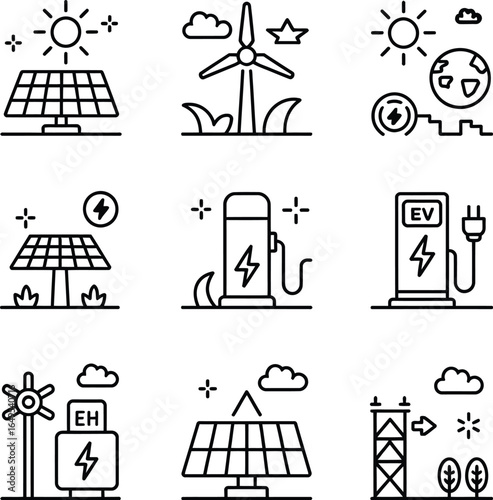 Sustainable energy and low emission power system line icons featuring solar wind hydrogen and ev charging for clean generation and grid infrastructure