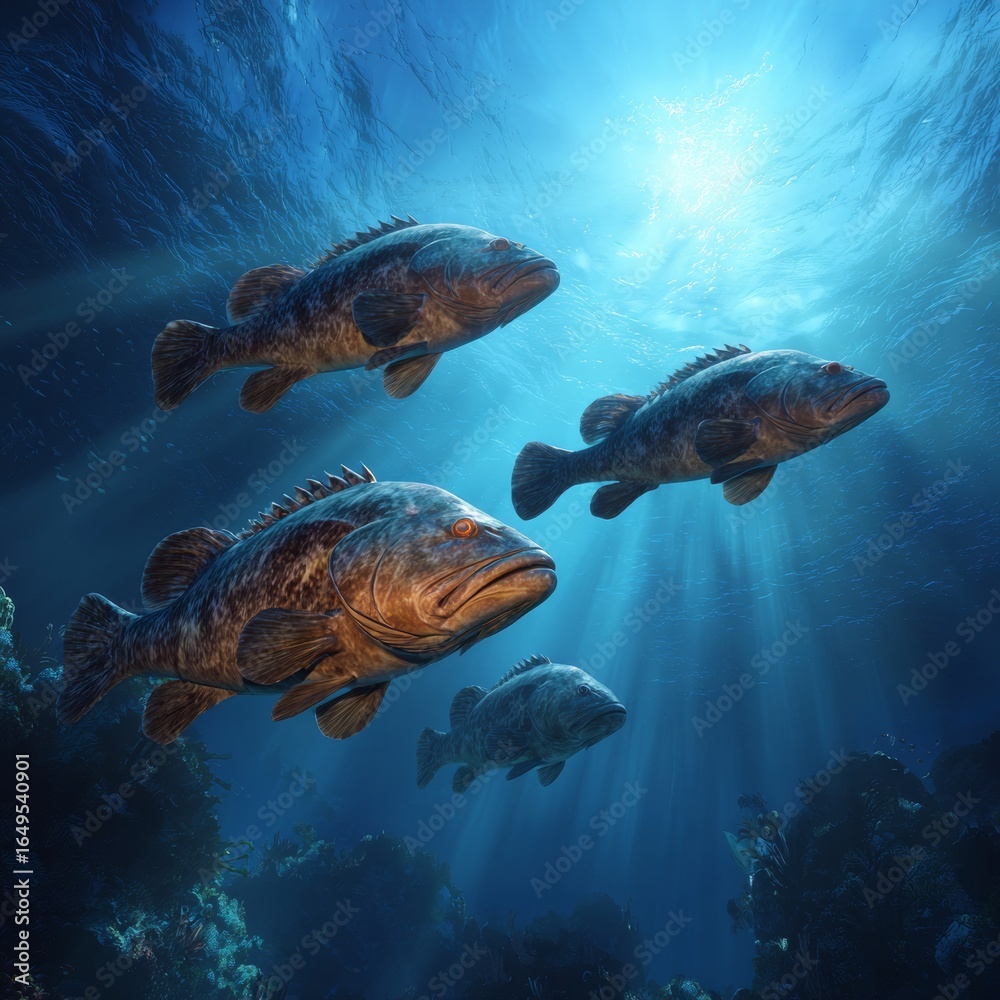 Obraz premium Underwater Scene with Fish Swimming in Sunlit Ocean Depths