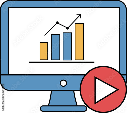 Computer monitor displaying a bar graph with an upward trending line, next to a red play button icon.