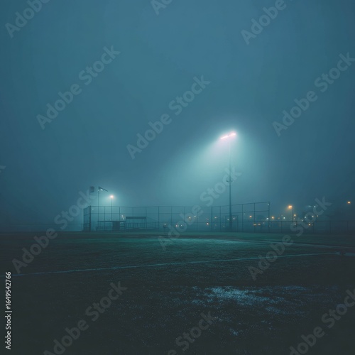 Foggy Night Scene at an Empty Sports Field Under Streetlights