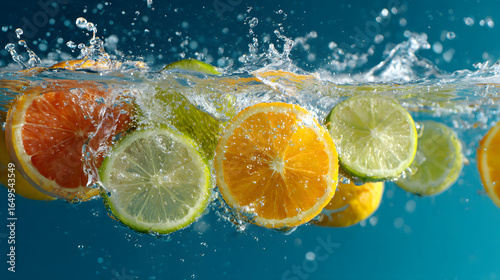 A vibrant splash of citrus fruits sinking into clear water. Oranges, limes, lemons, and grapefruit create a refreshing and colorful display.