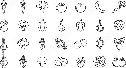 Collection of vegetable outline icons including carrots broccoli tomatoes and various other vegetables