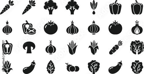 A monochrome illustration of various vegetables including carrots broccoli and bell peppers in rows and columns