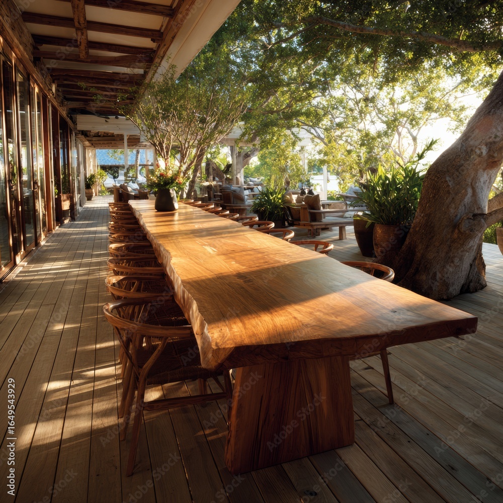 Fototapeta premium Elegant Wooden Dining Area Surrounded by Lush Greenery and Sunlight