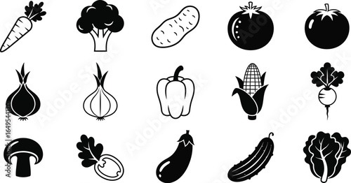 Collection of black and white vegetable icons including carrot broccoli and tomato on a white background