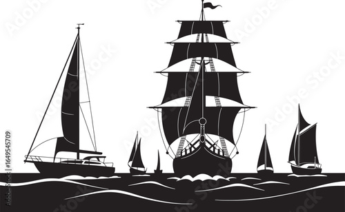Silhouette of Various Sailing Vessels on the Open Water with Detailed Rigging and Wave Patterns Evoking a Sense of Maritime History