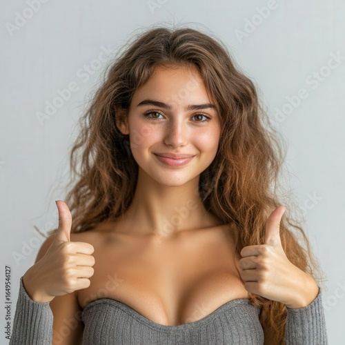 woman gesturing two thumbs pointing at chest proud expression 