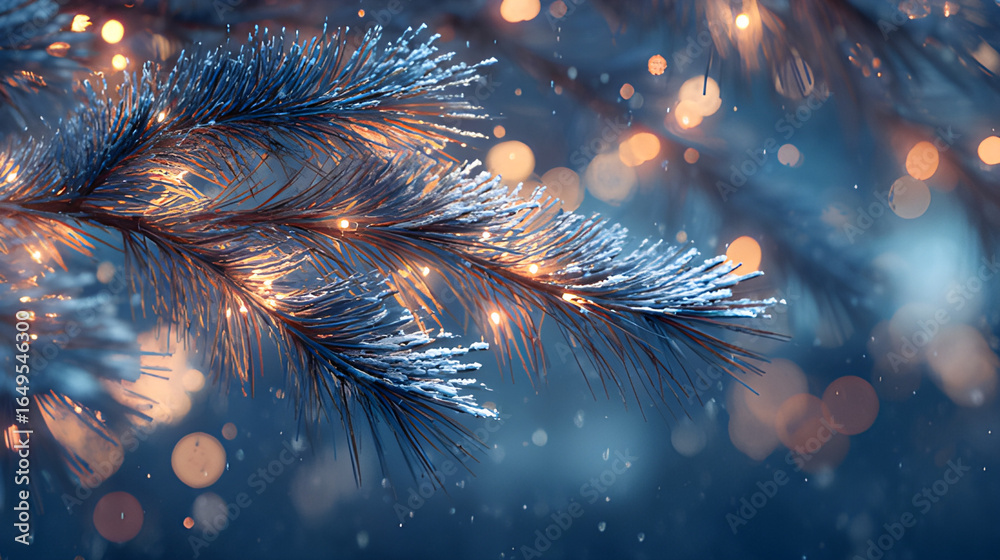 Fototapeta premium Christmas tree blurried bokeh lights. Christmas tree with lights. Christmas background with fir tree. Christmas tree in the snow. Golden blurry lights evergreen Christmas tree season. 