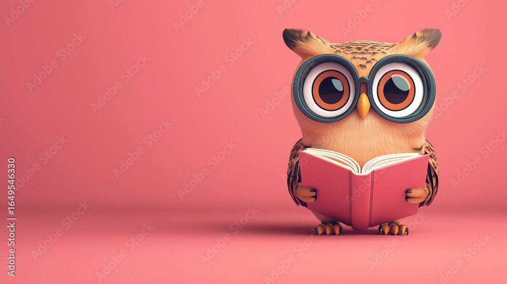 Fototapeta premium Cute owl reading a book against a pink background