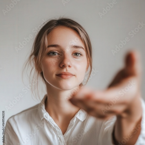 woman giving a supportive pat gesture invisible person beside her neutral backdrop 