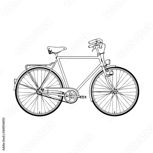 A detailed black and white line art vector illustration of a classic city bicycle with a rear rack. Vintage commuter bike drawing.