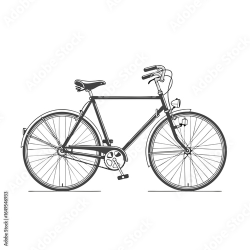 A realistic black and white vector illustration of a classic vintage city bicycle. Detailed drawing of a retro European commuter bike.