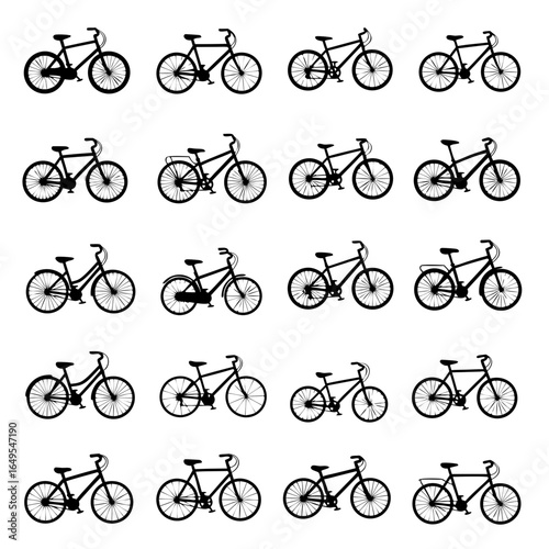 A collection of city bike and hybrid bicycle silhouettes. Vector icon set showing various models of urban commuter bikes.