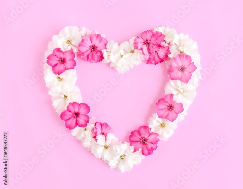 Pink and white flowers arranged in a heart shape on a pink background.