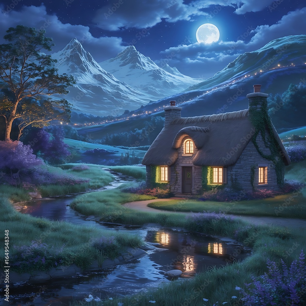 Fototapeta premium Enchanting Mountain Cottage Under a Full Moon