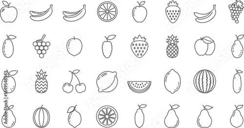 A collection of fruit icons including apples bananas grapes and other fruits in a line art style