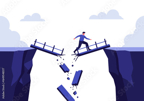 Businessman leap across broken bridge symbolizing risk and opportunity in business career