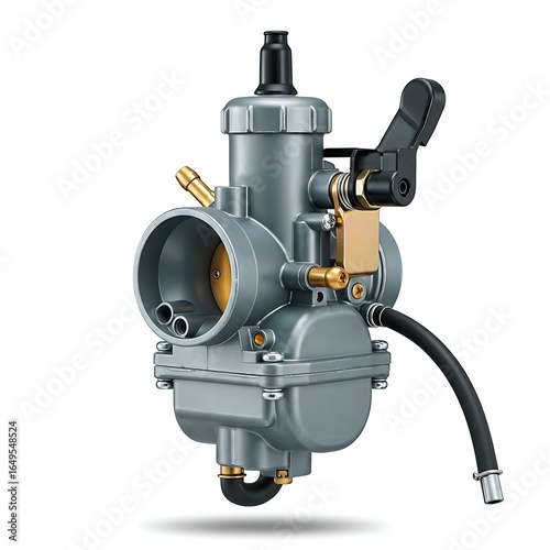 Motorcycle carburetor isolated on white background, engine part detail view