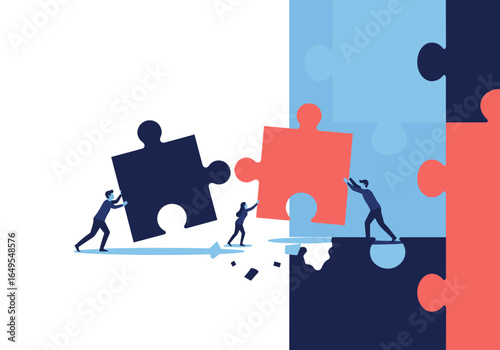 Teamwork makes the dream work as people collaborate to assemble a complex puzzle solution together fostering synergy and shared success