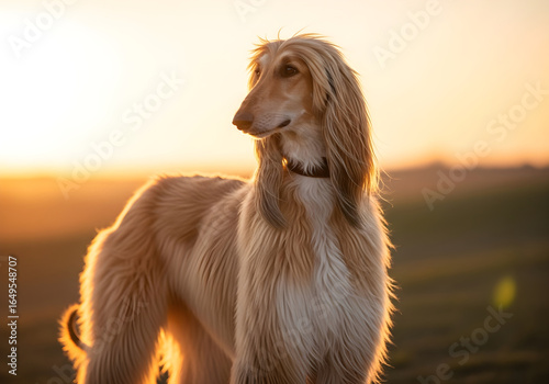 Dramatic portrait of Afghan Hound with flowing silky coat, elongated muzzle, and noble gaze against cinematic warm sunset background