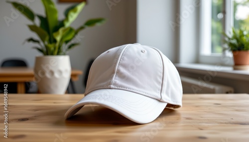 A white baseball cap with a subtle design detail on the bill, resting on a wooden table