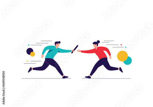 Two runners passing a baton during a relay race in a stylized flat design illustration style