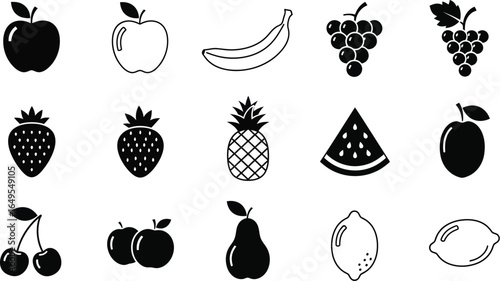 A collection of fruit icons in black and white including apples bananas and various berries and citrus