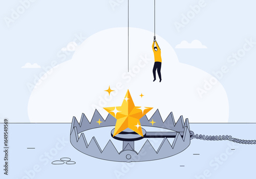 A person is being lowered by a rope towards a golden star inside a steel animal trap illustrating the concept of a dangerous temptation