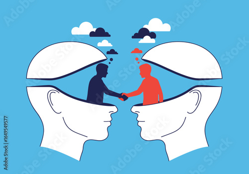 Two minds opening to reveal a handshake representing collaboration and understanding between individuals sharing ideas and thoughts