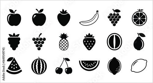 A collection of black and white fruit icons including apples bananas and watermelon in a grid pattern