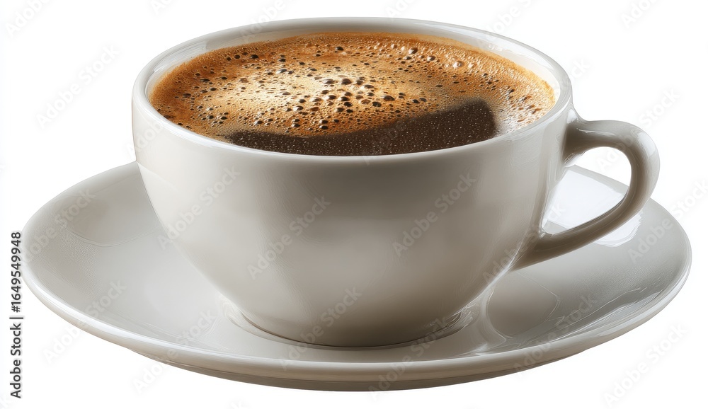 Fototapeta premium A full cup of rich, dark coffee in a simple white ceramic mug, sitting on a saucer
