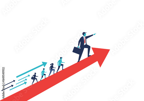 Team members following their leader upward on a growing red arrow representing career progression and business success