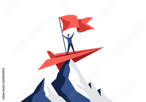 Achieving success by reaching the summit with a paper airplane and a victory flag