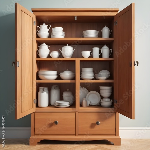 Stylish Wooden Kitchen Pantry with Open Shelves and Drawer Storage