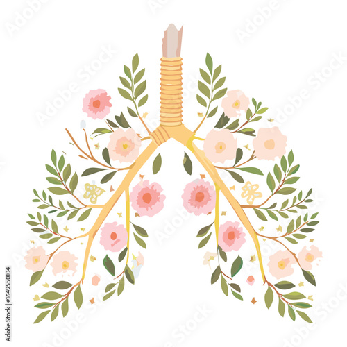 Illustration of the human lungs with flowers, leaves and floral design