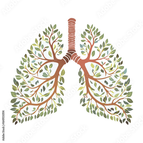 Illustration of the lungs with tree branches and green leaves